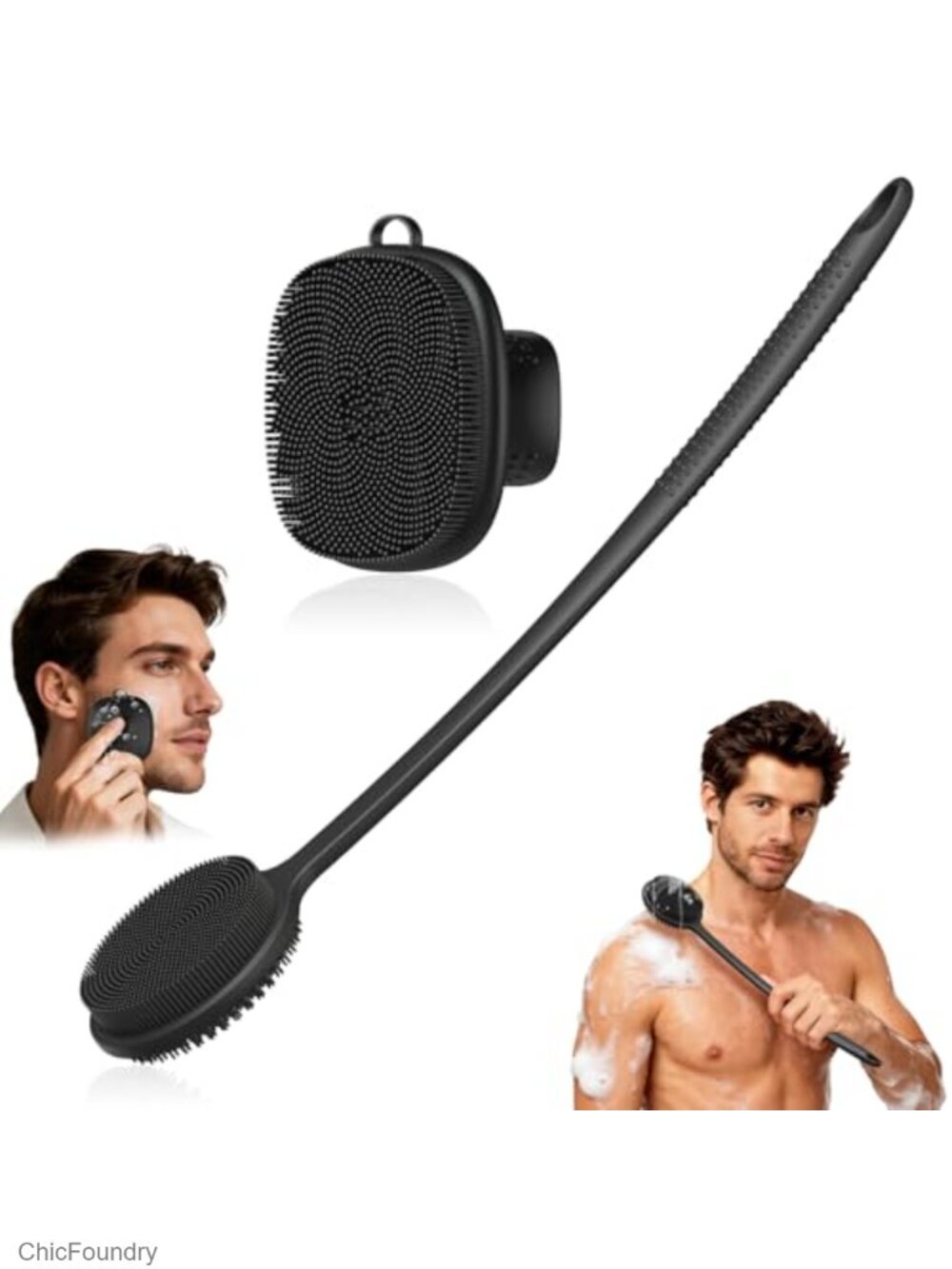 Silicone Back Scrubber & Face Scrubber Set 17in Long Handle Exfoliating Brush